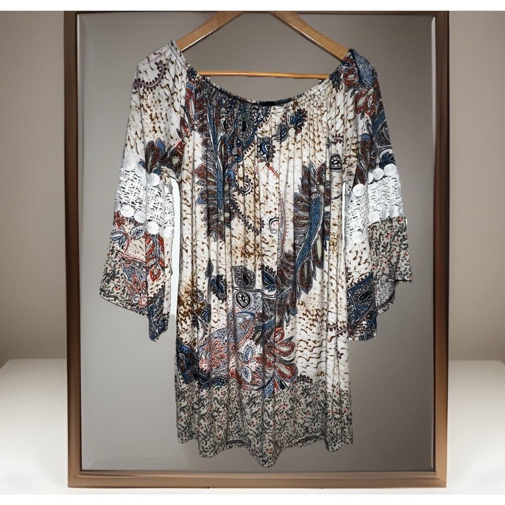 WinWin Pinwheel Sleeve Tunic Boho Paisley Crochet Lace Top Multicolor L/XL NWOT